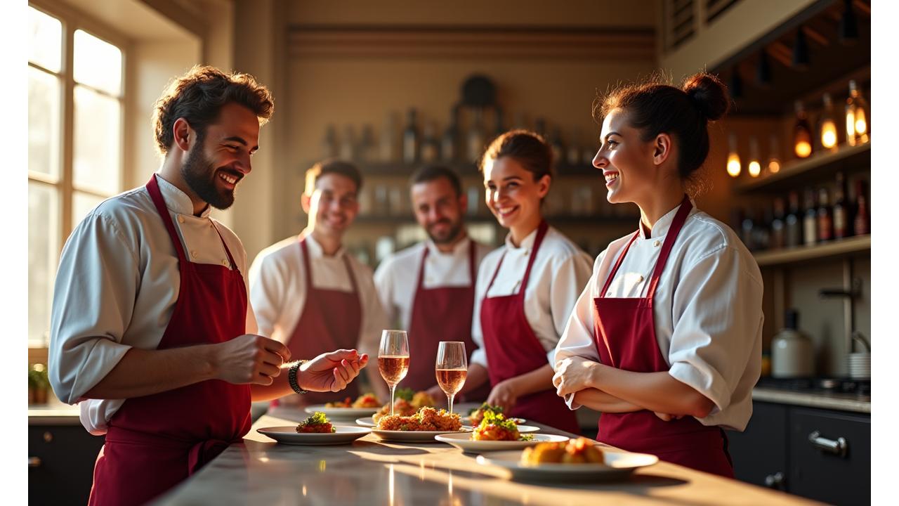 L'équipe fondatrice de Fête Gourmande souriant dans une cuisine professionnelle à Paris.