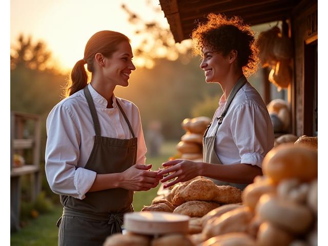Producteur local et chef discutant des produits frais dans un marché fermier