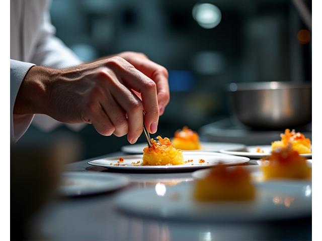 Chef créant un plat innovant avec une technique moderne dans une cuisine d'art