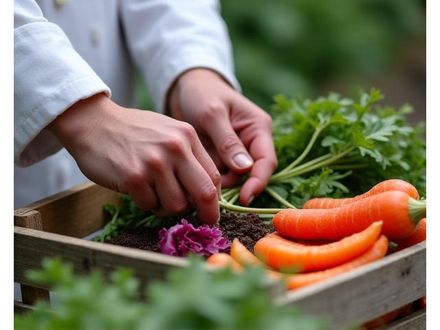 Mains d'un chef cueillant des herbes fraîches dans un jardin aromatique