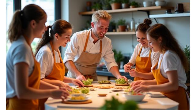 Participants à un atelier culinaire avec nos chefs, souriants et engagés