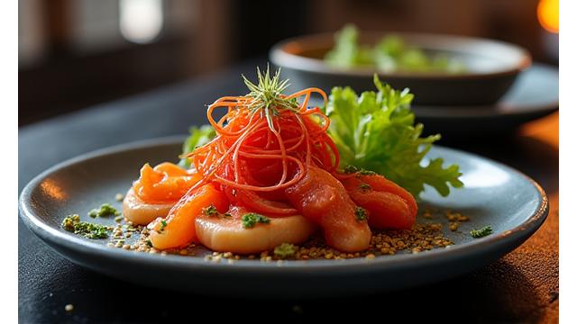 Plat de cuisine fusion élégamment dressé sur une table chic