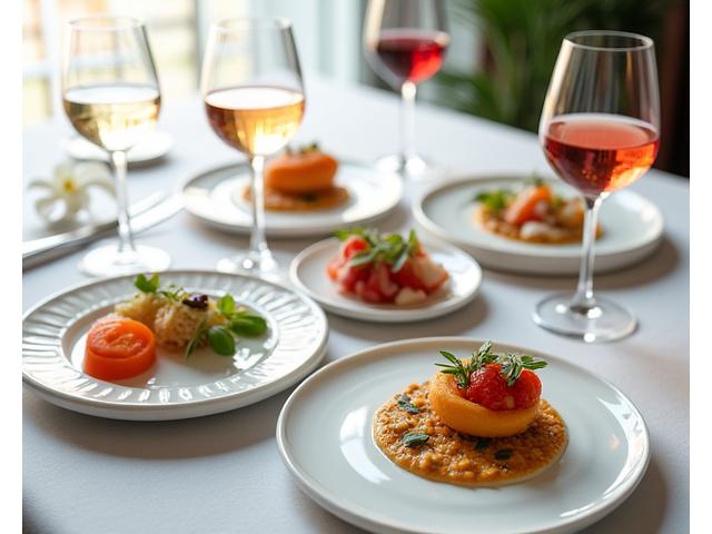 Plats gastronomiques colorés et imaginatifs, chacun accompagné d'un verre de vin différent.