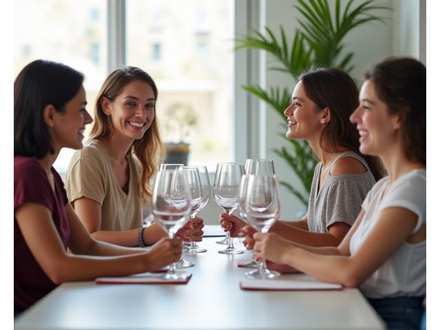 Groupe d'étudiants souriants s'exerçant à la dégustation avec des fiches, sous la supervision d'un formateur.