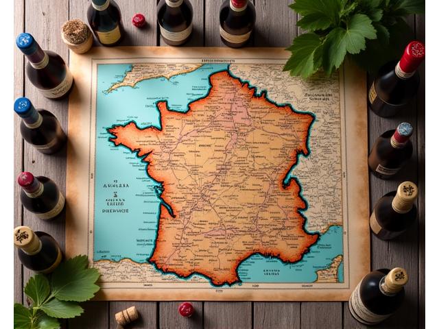Carte de France avec des bouteilles de vin provenant de différentes régions viticoles disposées artistiquement.