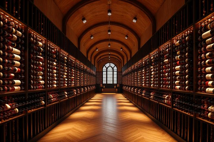 Vue intérieure d'une cave à vin élégante avec des bouteilles de vin soigneusement rangées et éclairées.