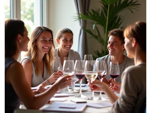 Groupe d'amis apprenant les bases de la dégustation de vin, verre à la main.