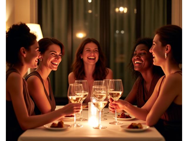 Groupe d'amis rieurs et élégants participant à une dégustation de vin privée dans une atmosphère conviviale.
