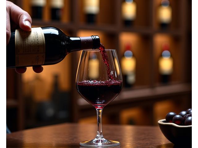 Sommelier versant un grand cru dans un verre élégant, bouteilles prestigieuses en arrière-plan.