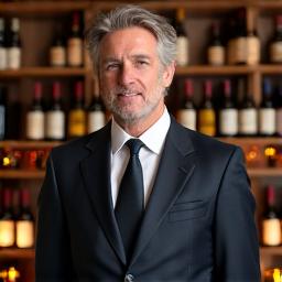 Portrait de Jean-Luc Dubois, sommelier de Fête Gourmande, souriant devant une cave à vins.