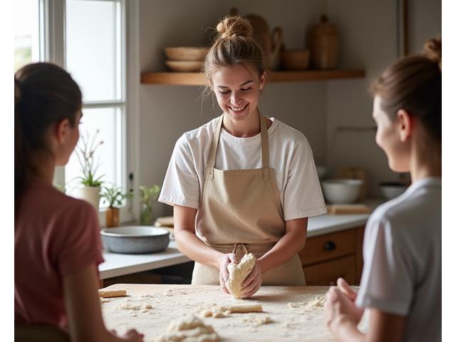 Un boulanger expérimenté guidant les participants dans la confection du pain artisanal dans un atelier lumineux.