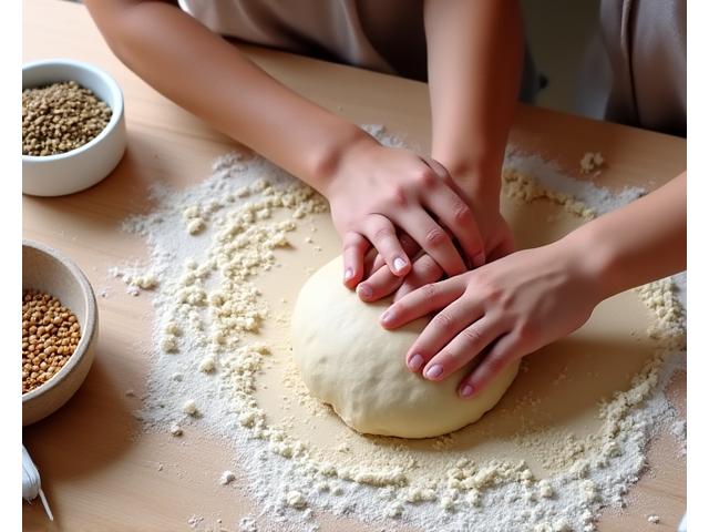 Mains d'un participant pétrissant la pâte à pain sur une surface en bois, entouré d'ingrédients de boulangerie frais.