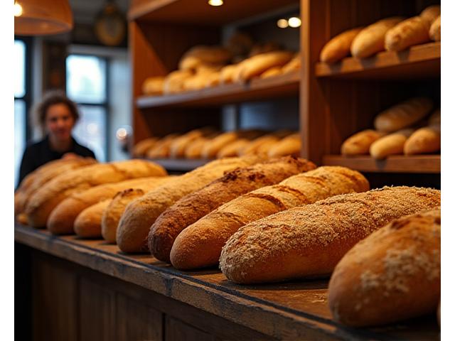 Vue nostalgique d'une boulangerie parisienne traditionnelle avec des baguettes empilées et une atmosphère chaleureuse et lumineuse.