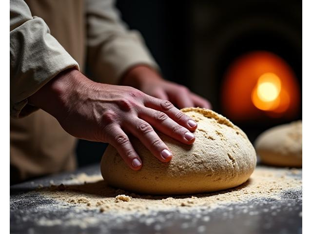 Un maître boulanger aux mains enfarinées, montrant une technique de pétrissage du levain naturel, dans une ambiance de fournil traditionnel.