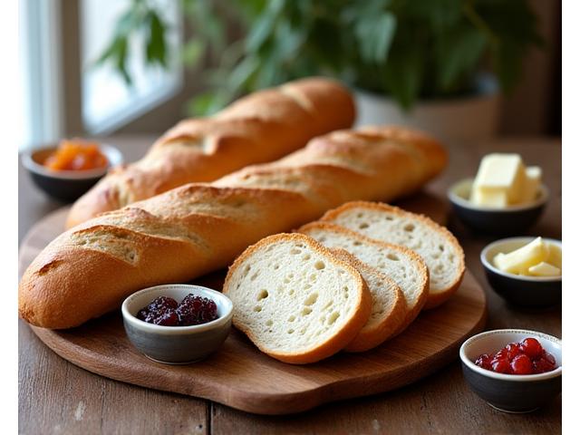 Assortiment de pains artisanaux frais coupés, disposés avec des beurres fermiers et des confitures sur une planche à découper rustique, prêts pour la dégustation.