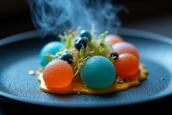 Plat de cuisine moléculaire spectaculaire avec fumée et textures variées