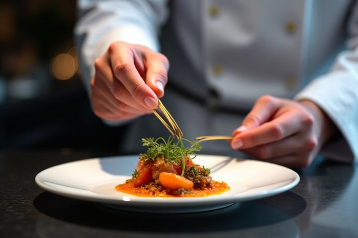 Chef étoilé démontrant une technique de dressage de plat sophistiquée