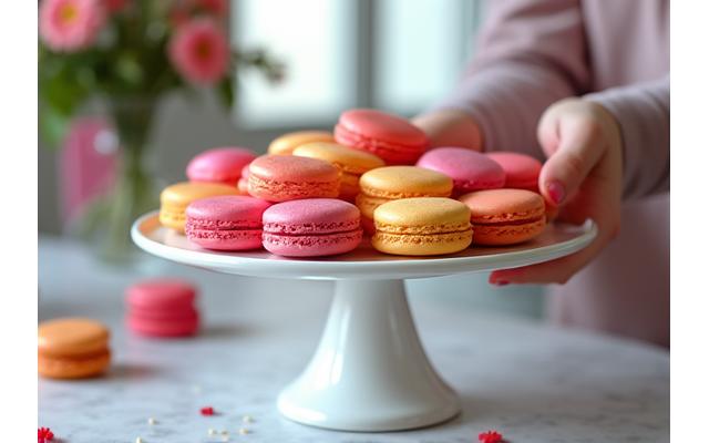 Pâtissier décorant des macarons colorés