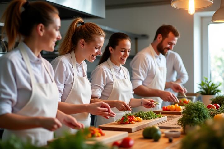 Groupe de collègues cuisinant ensemble, riant dans un atelier lumineux