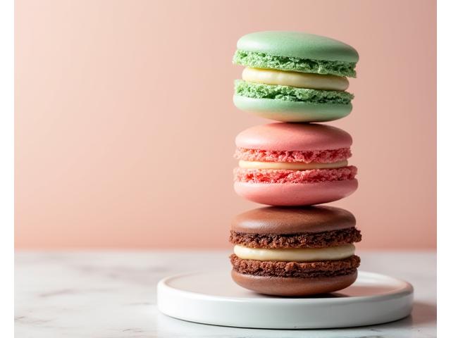 Assortiment coloré de macarons français, empilés artistiquement.