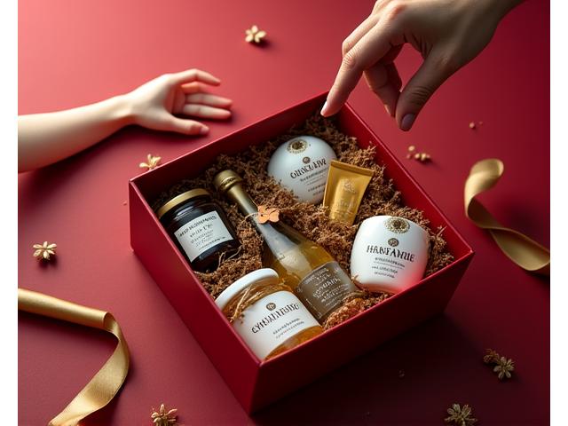 Illustration d'un coffret cadeau personnalisable avec différents produits du terroir.
