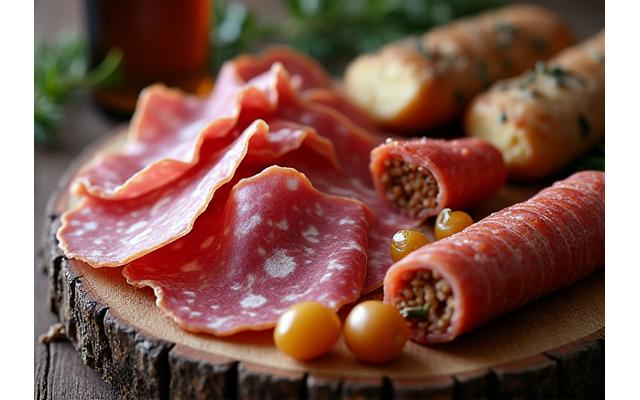 Assortiment de charcuteries fines et terrines traditionnelles françaises sur une planche en bois.