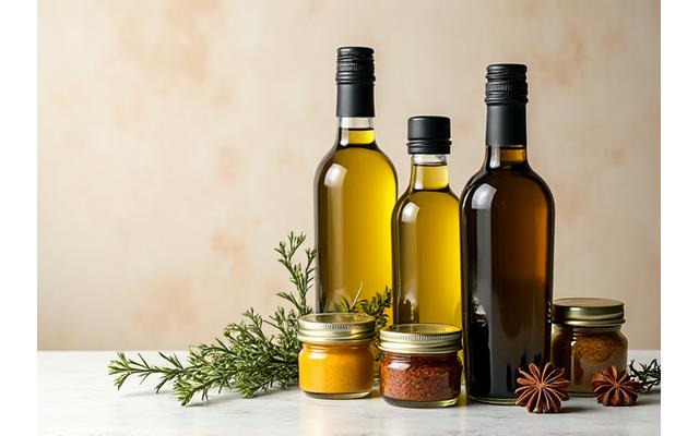 Bouteilles d'huiles d'olive vierge extra, vinaigres balsamiques et pots d'épices fines.