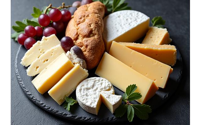 Plateau de fromages fermiers français avec différentes textures et couleurs.