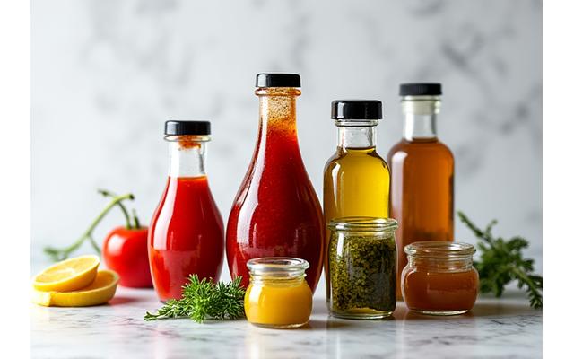 Variété de sauces et condiments gastronomiques dans des bouteilles élégantes.
