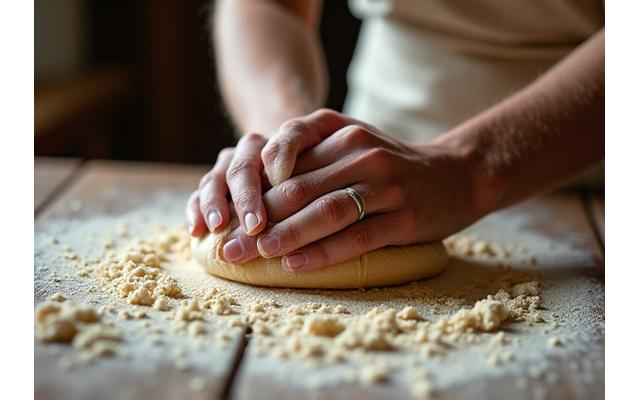 Main d'artisan travaillant la pâte pour un pain traditionnel, détail.
