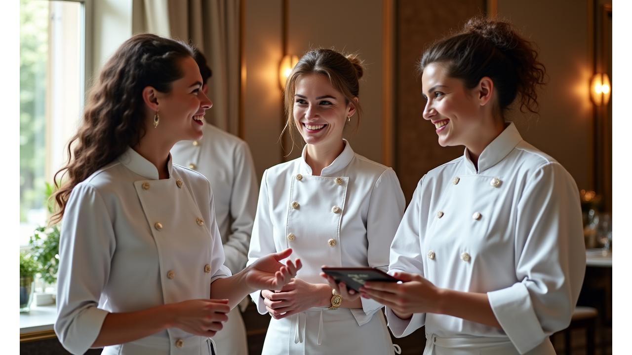Équipe de Fête Gourmande accueillante et souriante, chefs et personnel en discussion amicale dans un élégant espace de réception.
