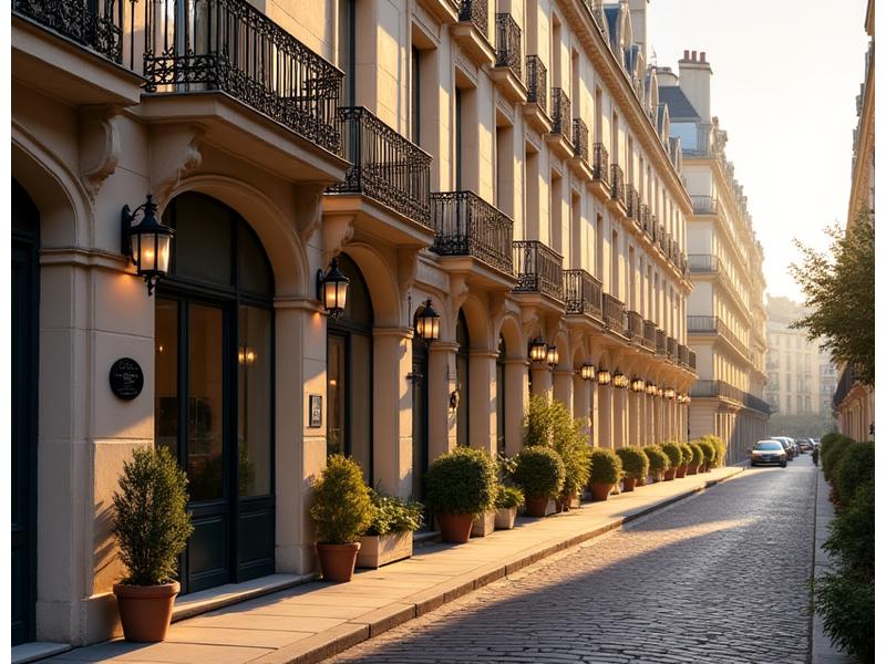 Vue extérieure élégante de la façade de Fête Gourmande sur une rue parisienne typique du 7ème arrondissement au coucher du soleil.