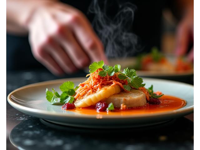 Chef expert préparant un plat fusion complexe, avec des ingrédients exotiques et des ustensiles de cuisine français traditionnels sur une table de travail en bois patiné.