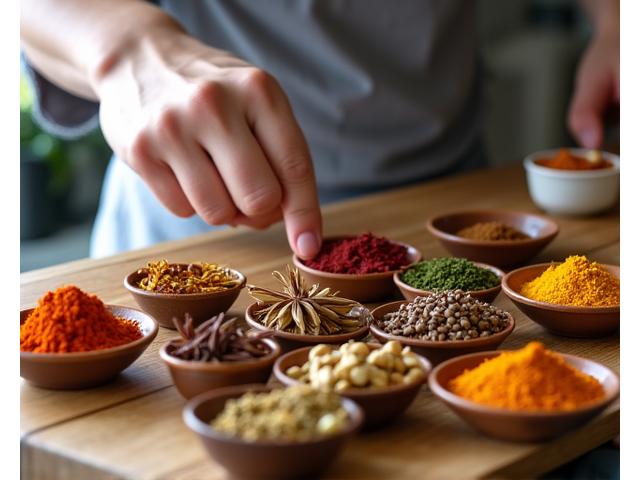 Mains d'un chef expérimenté montrant des épices colorées et exotiques lors d'un atelier, avec des ustensiles culinaires en arrière-plan.