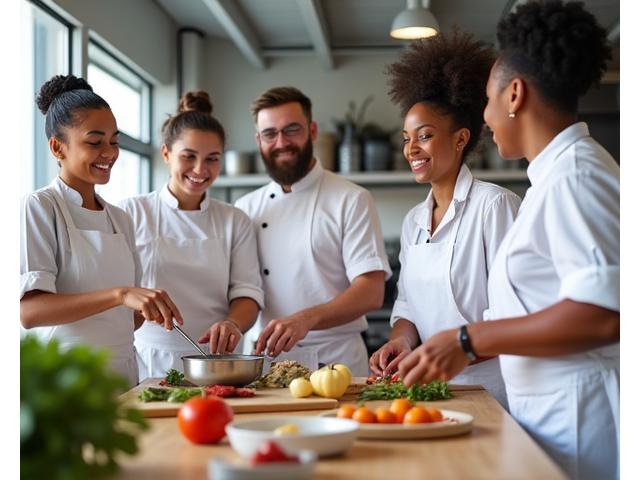 Groupe de collègue souriant et travaillant ensemble dans une cuisine de Fête Gourmande lors d'un atelier de team building, mélangeant ingrédients sous la direction du chef.