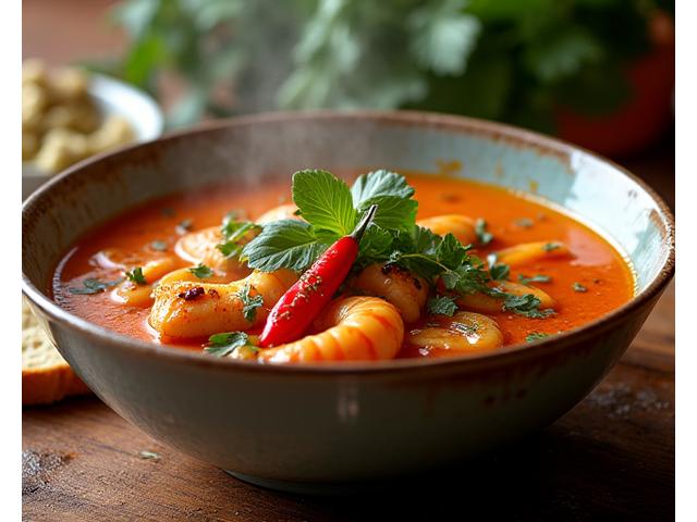 Bol de bouillabaisse fumante revisitée, avec des fruits de mer français et des herbes thaïlandaises comme la citronnelle et la coriandre, servie avec des toasts.