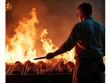 Chef participant à une cuisson traditionnelle au feu de bois en Amérique du Sud, avec des coupes de viande fumantes et des légumes racines.