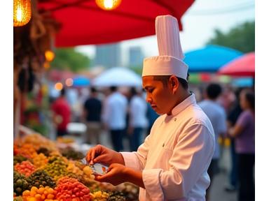 Chef explorant un marché aux épices coloré en Thaïlande, interagissant avec les marchands, ou travaillant dans une cuisine asiatique authentique.