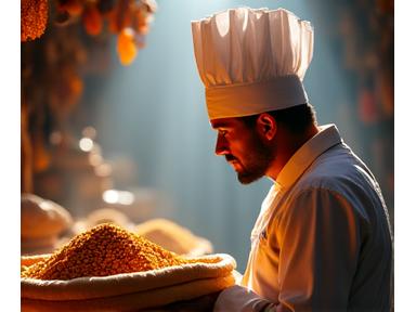 Chef découvrant des bocaux d'épices colorées et aromatiques dans un souk du Moyen-Orient, un sourire d'inspiration sur le visage.