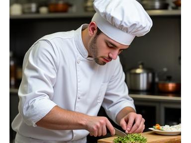 Jeune chef en uniforme immaculé dans une cuisine parisienne traditionnelle, concentré sur la préparation d'un plat classique.