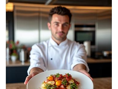 Chef en toque dans sa propre cuisine professionnelle à Paris, avec une expression de satisfaction et de créativité, entouré d'ingrédients divers.