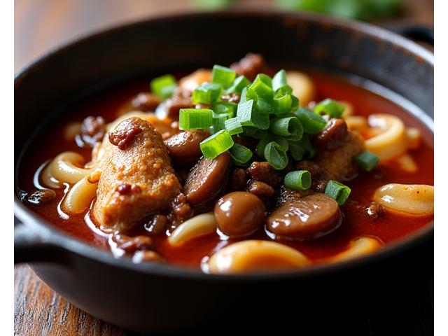 Plat de coq au vin braisé, avec des nouilles udon et une sauce riche rehaussée par du miso et des champignons shiitake, garni de ciboulette fraîche.