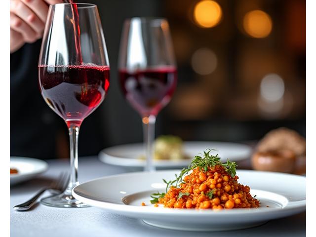 Un sommelier versant du vin dans un verre pour accompagner un plat fusion magnifiquement présenté, dans un cadre de restaurant gastronomique.