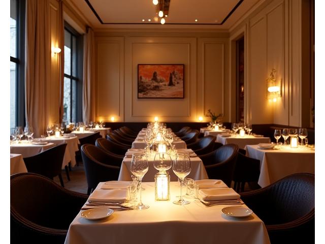 Intérieur élégant et moderne du restaurant Fête Gourmande, avec des tables dressées, des éclairages doux et une ambiance intime, mêlant touches françaises et éléments discrets d'inspiration orientale.