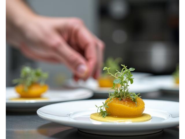 Participant à un atelier de cuisine de niveau avancé, se concentrant sur une technique complexe de dressage ou de préparation, sous la supervision d'un chef.