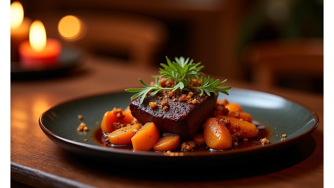 Plats d'automne riches et terreux avec du gibier, des champignons sauvages et des épices chaudes, servis dans une ambiance feutrée avec des bougies.
