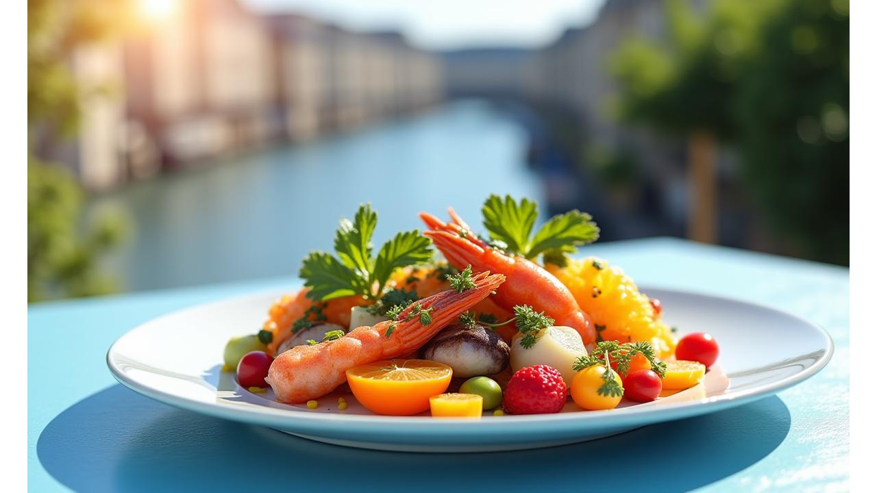Plats estivaux vibrants avec des fruits de mer frais, des légumes croquants et des agrumes, présentés sur une terrasse ensoleillée avec vue sur la Seine.