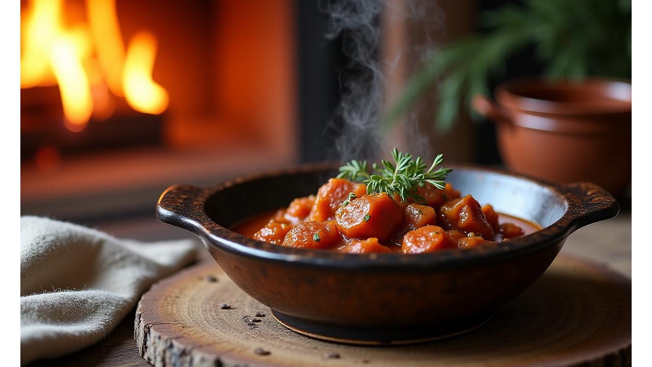 Scène de dîner hivernal cosy avec des ragoûts fumants, des légumes racines et du pain chaud, dans un intérieur chaleureux et intime.