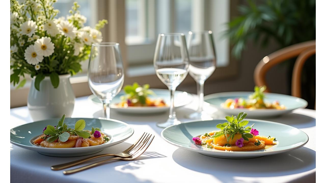 Table élégamment dressée avec des plats printaniers aux couleurs vives, agrémentés de fleurs comestibles et d'herbes fraîches, dans une ambiance lumineuse.