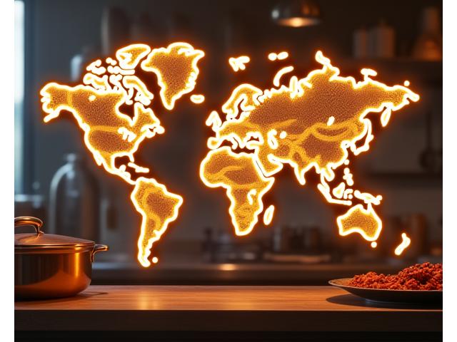 Carte du monde stylisée illustrant les influences culinaires globales avec des points lumineux sur les régions clés d'inspiration, intégrée dans une cuisine française élégante.